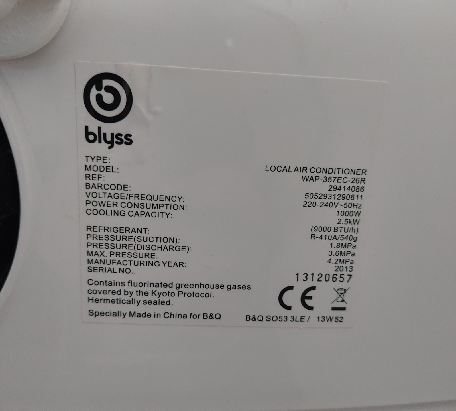 9000 BTU BLYSS WAP357ECPORTABLE AIR CONDITIONING eBay