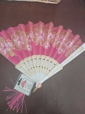 Elegant Victorian Look Folding Fan Gold Black Red Design  White Flowers-NEW