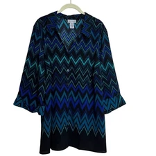 Catherines Womens Blouse Size 1X Blue Green Chevron Print Roll Tab Sleeves