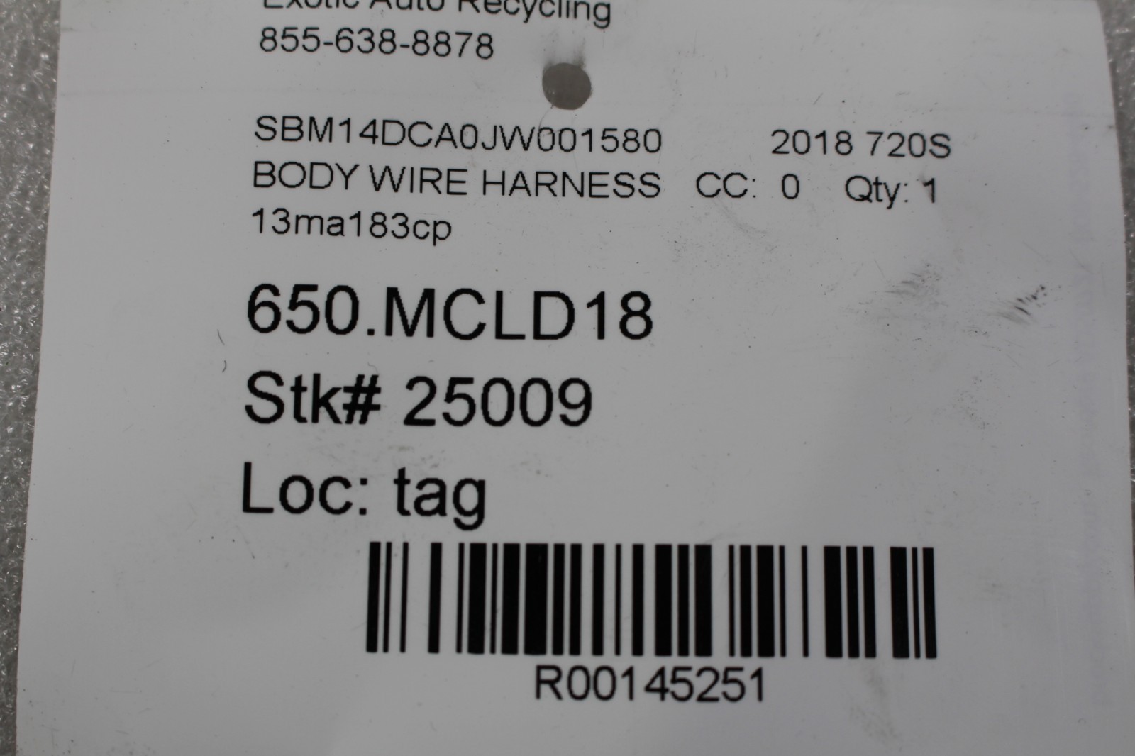 McLaren 720S, Engine Ground Wire Harness, Used, P/N 13MA183CP