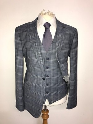 TED BAKER - Slim Fit 3-teiliger blau karierter WOLLANZUG - 42 Reg - W36 L31 - EINMAL GETRAGEN