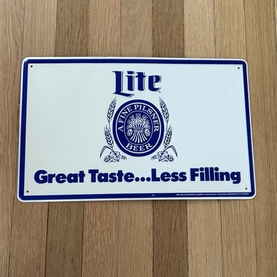 Vintage Miller Lite Rare Tin Sign 80s Blue White 15.5x9.5 Beer Advertising