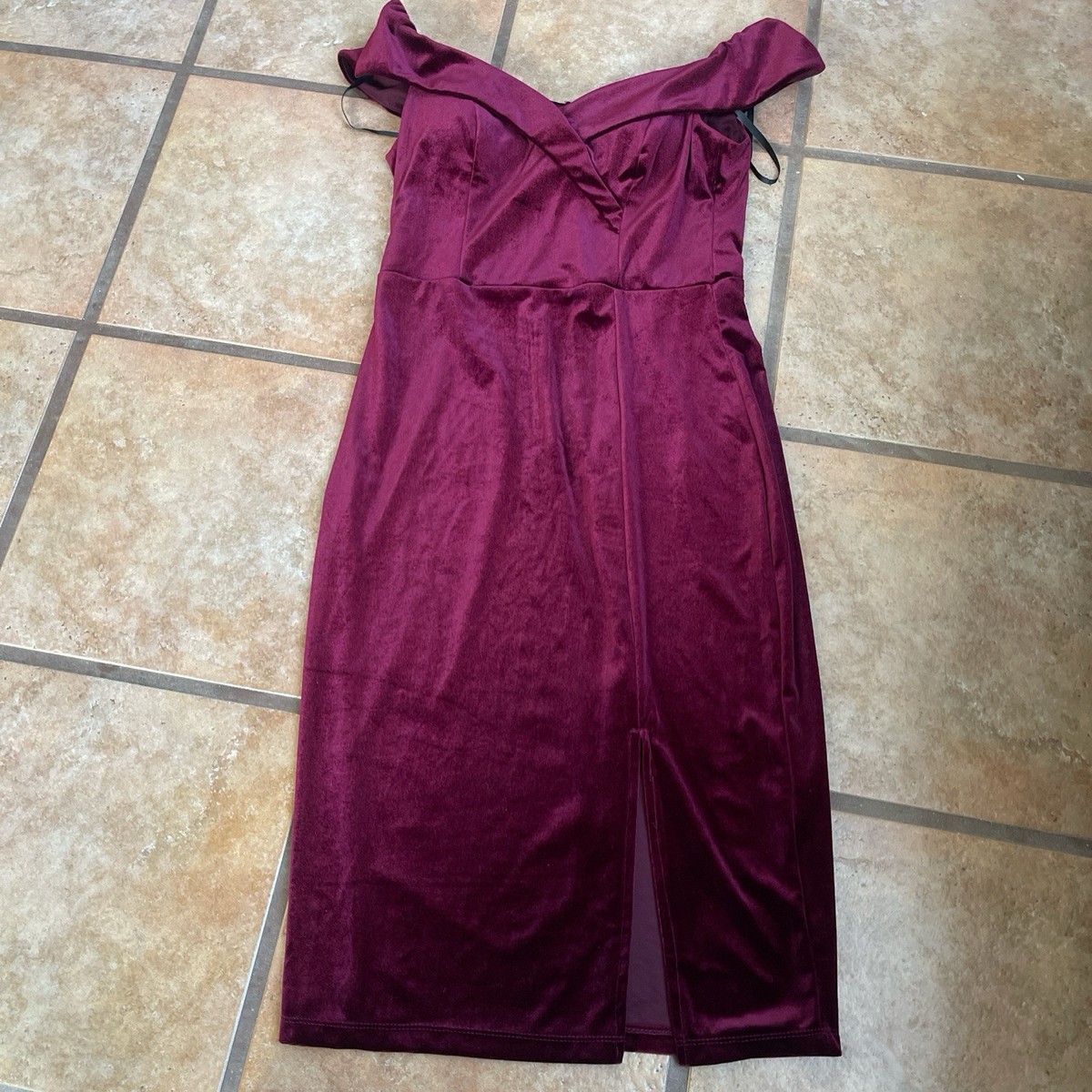 Premier Amour Burgundy velvet midi dress with off-the-shoulder size 10 |  eBay
