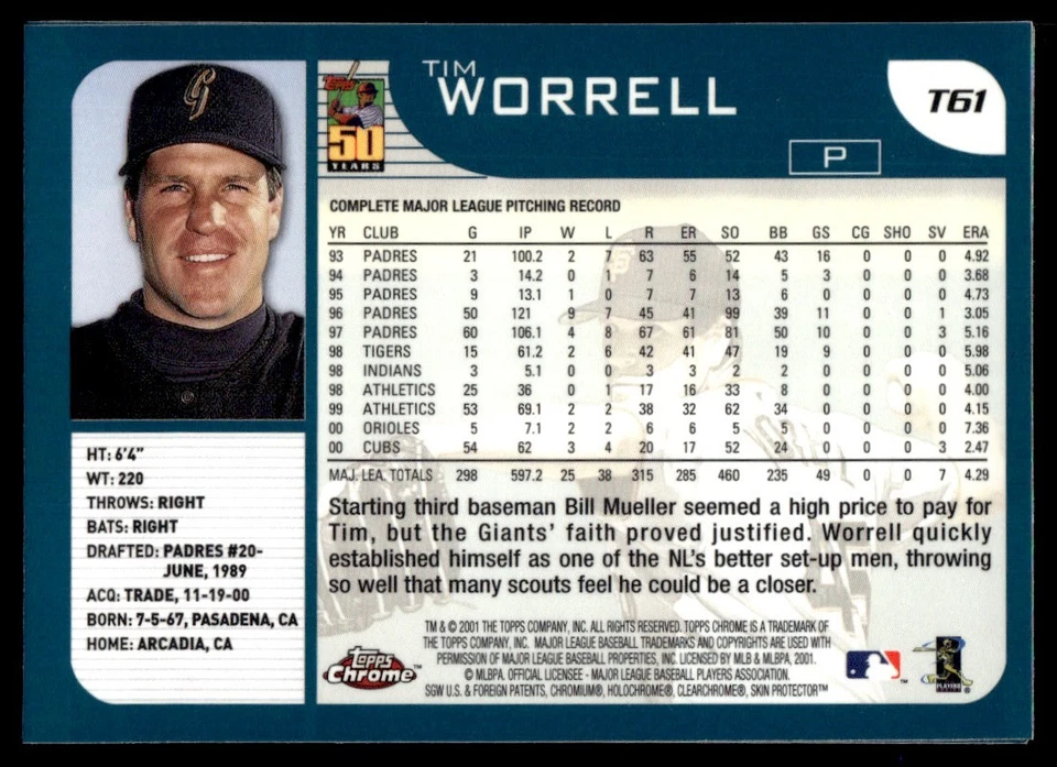2001 Topps Chrome Traded & Rookies Chrome Tim Worrell San Francisco Giants #T61 - Image 2 of 2
