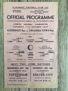 11 October 1947 Aldershot Reserves v Swansea Reserves single sheet