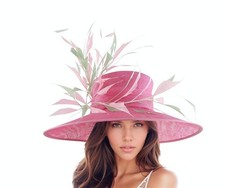 Sage Candy Pink Hot Pink Large Wide Brim Kentucky Derby Ascot Church Tea Hat