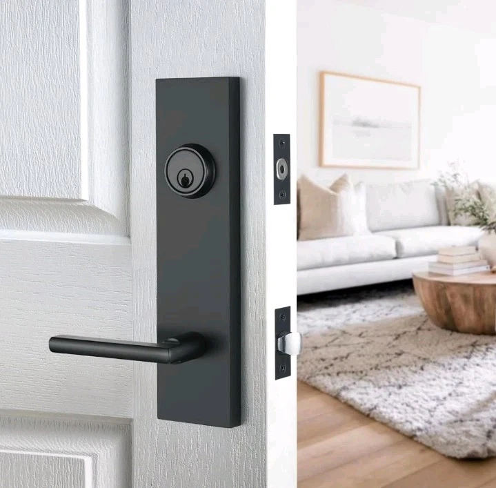 Manija de puerta delantera negra mate - Juego de cerradura de puerta de entrada moderna diseño simplista  Foto 2 de 4