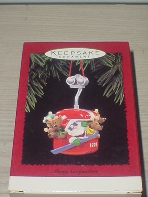 HALLMARK MERRY CARPOOLERS 1996 CHRISTMAS ORNAMENTS SANTA AND REINDEER SKI LIFT