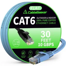 Cat 6 Ethernet Cable 30ft 10Gbps Flat LAN for Router, Modem, PS4/5, Blue