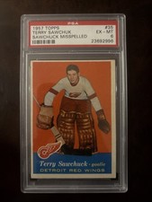 1957 Topps #35 Terry Sawchuk Misspelled as Sawchuck Red Wings PSA 6 EX-MT