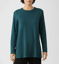 Eileen Fisher Women's Deep Aegean Fine Jersey Crew Neck Long Length Top Sz XS