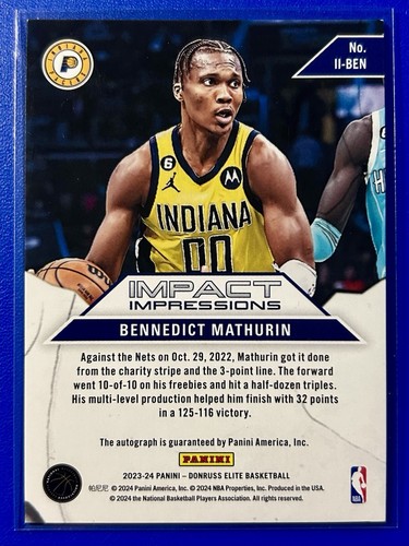 2023-24 Donruss Elite Bennedict Mathurin Impact Impressions Auto #II-BEN - Bild 2 von 2