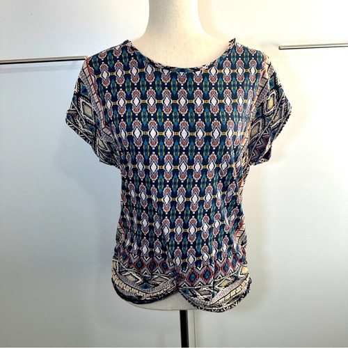 Lucky Brand Gr. M marine hellbraun Azteken Boho Print Kurzarm Top Stretch Freizeit - Bild 1 von 10