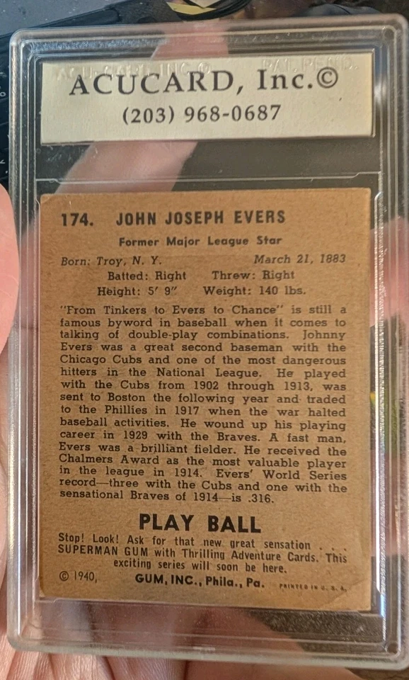 1940 Play Ball #174 Johnny Evers Boston Braves VG Encased HOF - Image 2 of 4