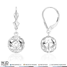 14K White Gold Hollow Heart Carved Ball Dangle Lever Back Earrings