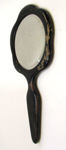 Old 1870's Wood Handle Frame 4.5" dia Round Antique Beveled Glass Hand Mirror