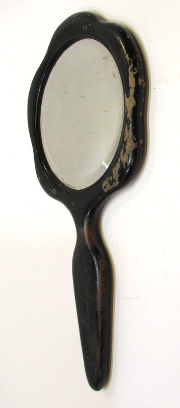 Old 1870's Wood Handle Frame 4.5" dia Round Antique Beveled Glass Hand Mirror
