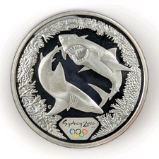 2000 Australia $5 .999 1oz Silver Sydney Olympics Great White Sharks Coin