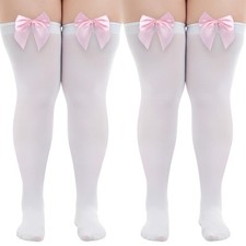 Prasacco 2 Pairs Plus Size Thigh High Stockings, Women One Plus, White