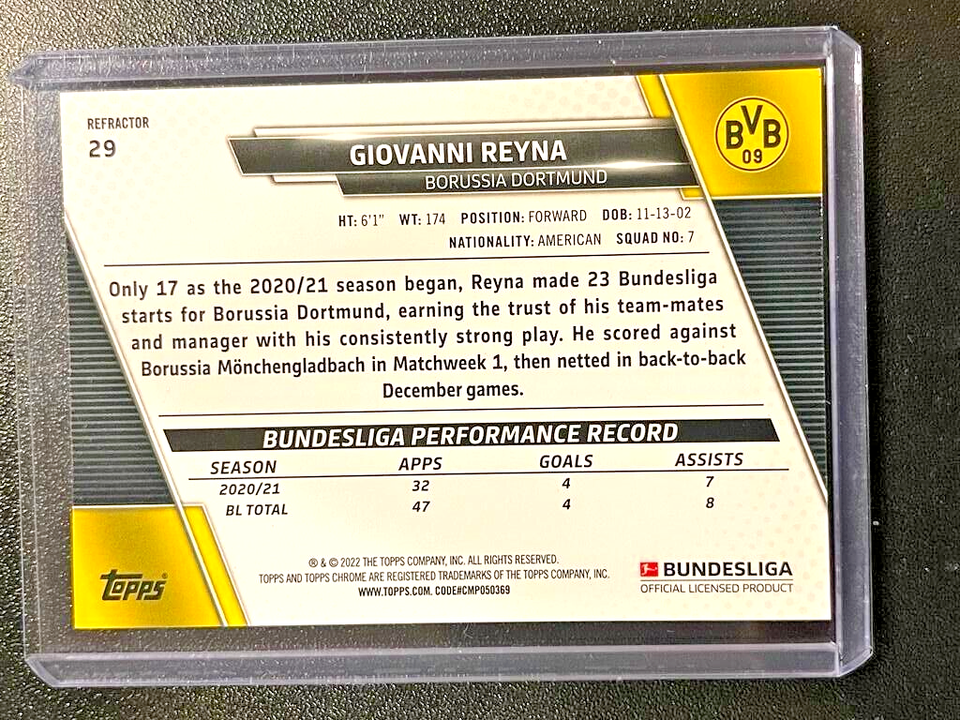 Carte Giovanni Reyna Topps Chrome 2022-23 – Autographe Orange Lava SSP – Borussia Dortmund