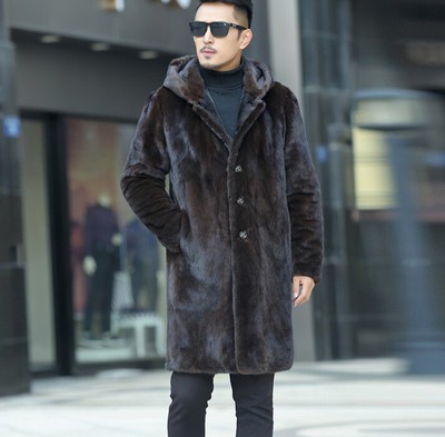Winter Mens Hooded Mink Fur Coat Mid Long Overcoat Faux Fur Outwear Button S-6XL