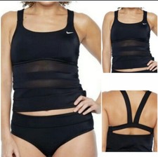 Women  s Nike Standard Mesh Solid Edge V-Back Tankini 2-Piece Swimsuit Black NEW