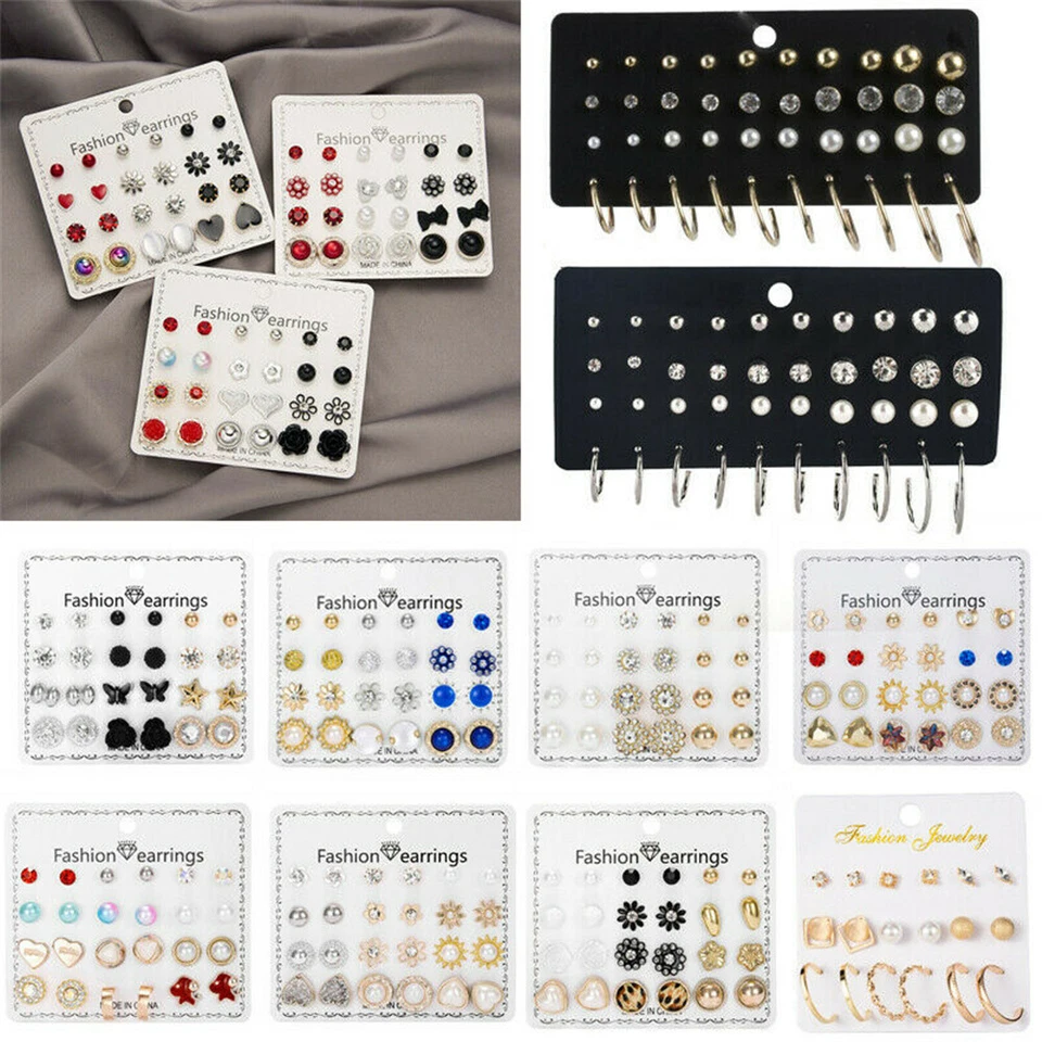 Juego de 20 pares de pendientes diamantes de imitación cristal perla mujer oreja perno joyería regalo EE. UU. Foto 3 de 4