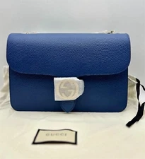 Gucci New Large GG Interlocking Caspian Blue Leather Crossbody Shoulder Bag NWT