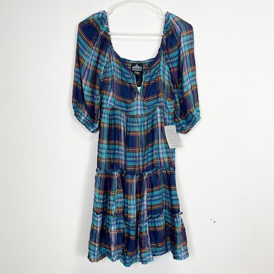 Angie Dress Womens Small Blue Multi Plaid Short Sleeve NWT | eBay