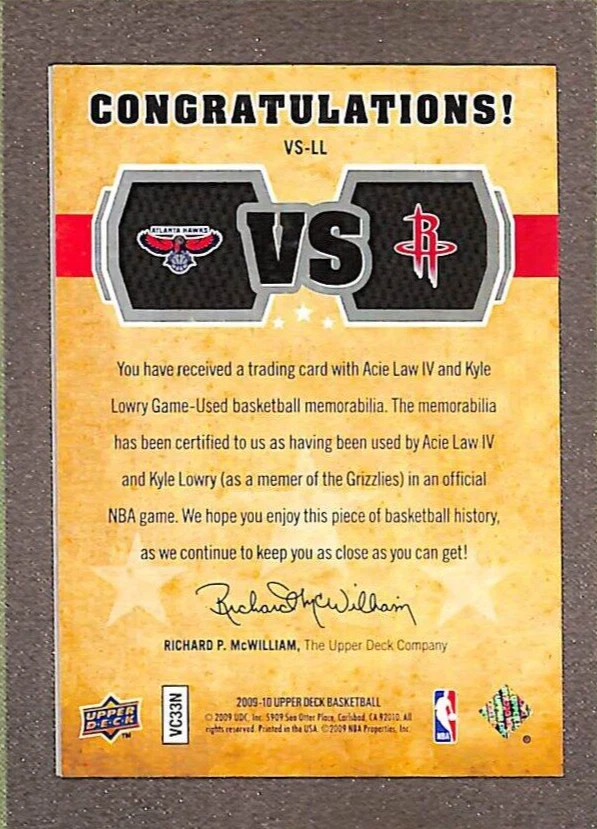 2009-10 Upper Deck #VS-LL Acie Law IV / Kyle Lowry VS Dual Materials Relic #/299 - Image 2 of 3
