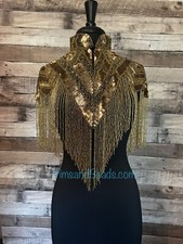 Gold Sequin Long Glass Fringe Beaded Shoulder Shrug Shawl Applique Western Rodeo