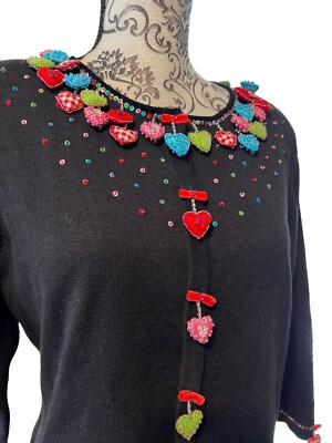 Jack B. Quick Heart Theme Sweater Size Medium Button Front Cardigan Black Multi