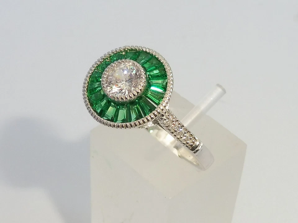 Signore stile Halo argento 925 con zaffiro e smeraldo anello - Immagine 2 di 4