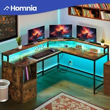 L Shaped Corner Gaming Desk Computer Table w/ LED Light Power Outlet File Drawer