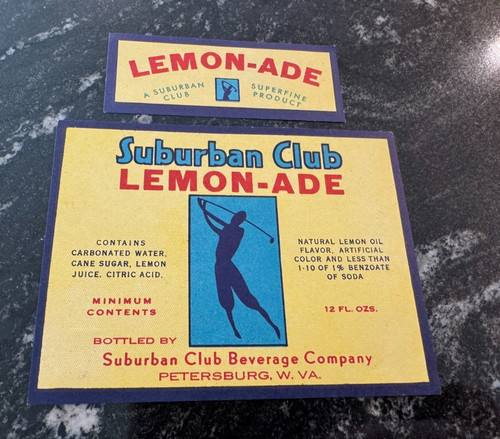 B) RARE SUBURBAN CLUB LEMON-ADE SODA BOTTLE & NECK LABEL PETERSBURG WV WVA