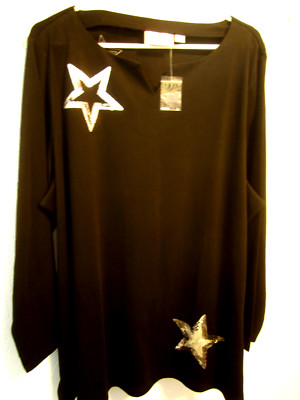 NWT  Quacker Factory Twinkle Star Sequin Split Neck Long Sleeve Top Black 3X