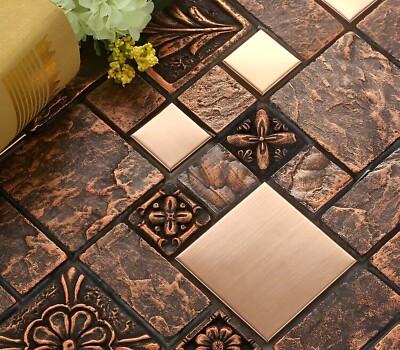 Antique Copper Rose Gold Mosaic Mixed Metal & Ceramic Backsplash Wall Tile B963