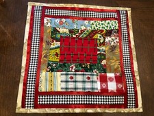 Quilted Table Topper, red, green, with ribbon trim, 13 x 12.5, new handmade