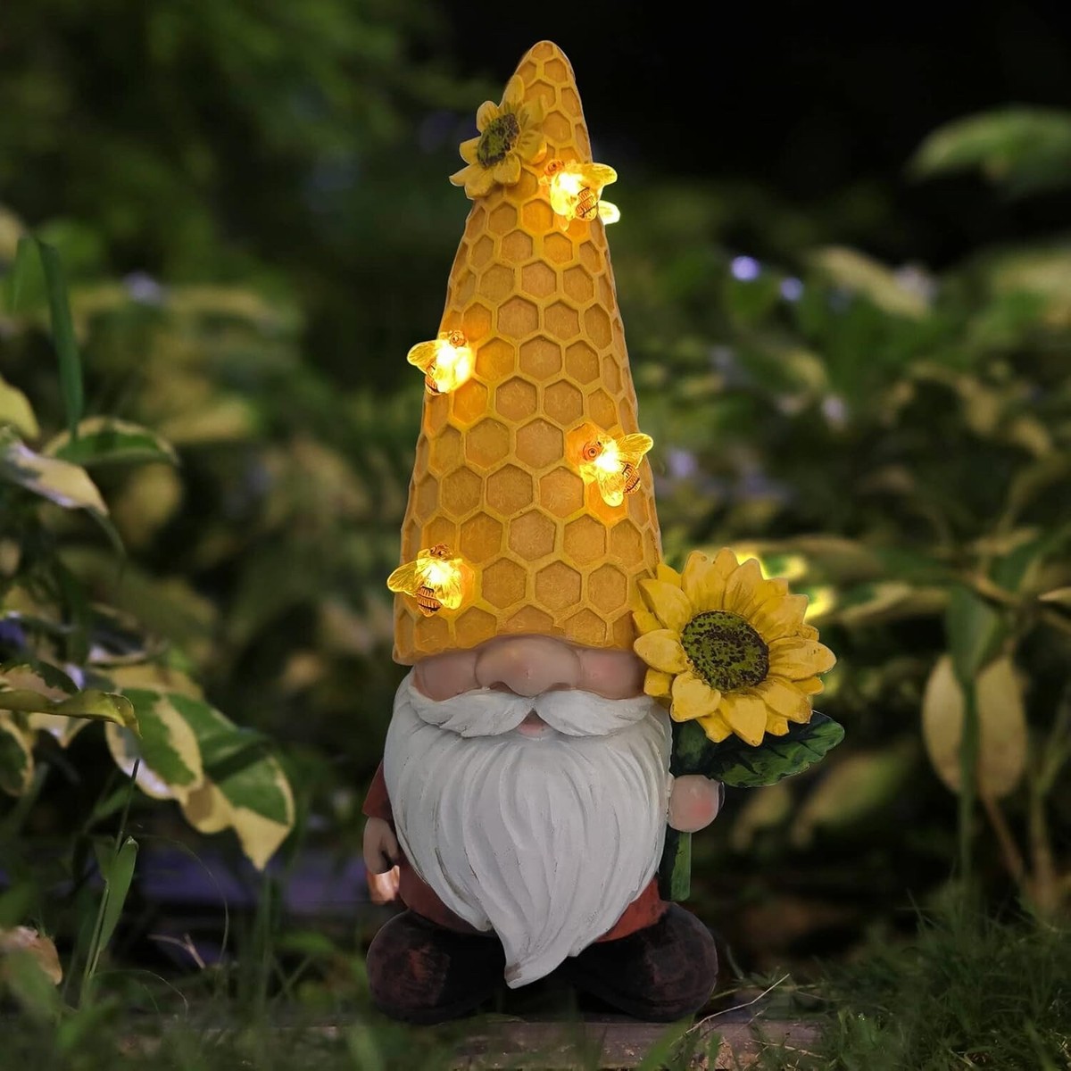 Solar Lighted Sunflower Bee Harvest Garden Gnome Light Outdoor