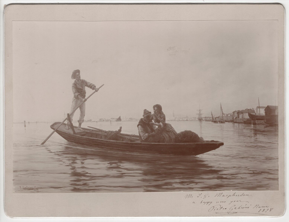 Gondola Scene Pietro Gabrini Hand Signed 1898 Antique Albumen