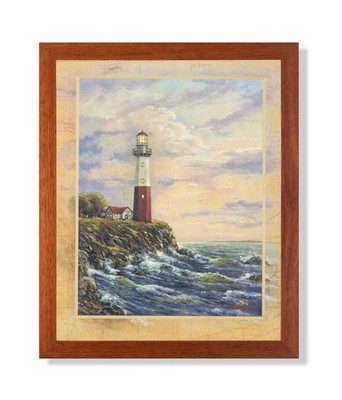 Ocean Lake Lighthouse Beach Landscape Wall Picture Honey Framed Art Print