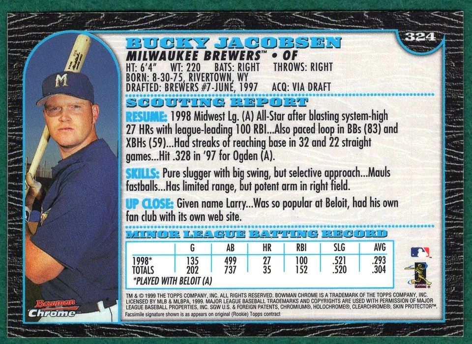 Bucky Jacobsen - 1999 Bowman Chrome #324 - Brewers Rookie Baseball Card - Image 3 of 3
