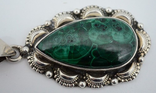 Malachite Sterling Silver Cabochon Teardrop Drop Pendant Native Navajo Vtg - Picture 8 of 12