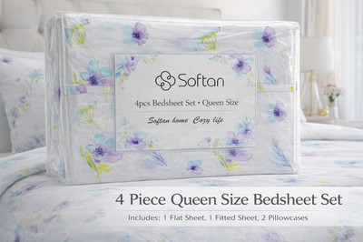 Softan 4pcs Bedsheet Set Queen Size Floral Print Soft Cozy Bedding Set