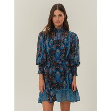FARM RIO Blue Arabesque Dress NWT Floral High Neck Long Sleeve Women's XXS