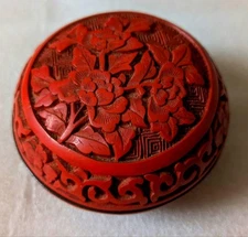 Vermilion Flower Carved Incense Container, Round Lacquer, Antique