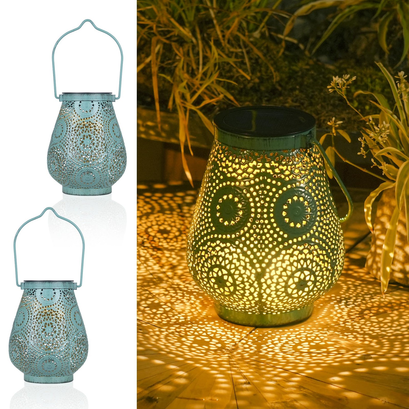 Lanterne solaire marocaine en fer forgé patiné pour décoration extérieure haut de gamme