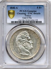 1846-A 5 Francs France, Louis-Philippe I - PCGS UNC Details