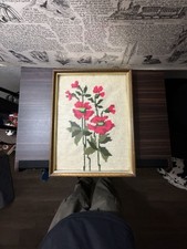 Vintage Hand-Stitched Needlepoint Tapestry Framed Floral Art Red Poppies