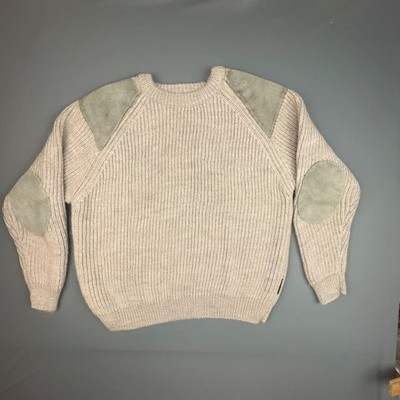 Woolovers Sweater Mens Large Cream Leather Patches Hunting Outdoor Heritage